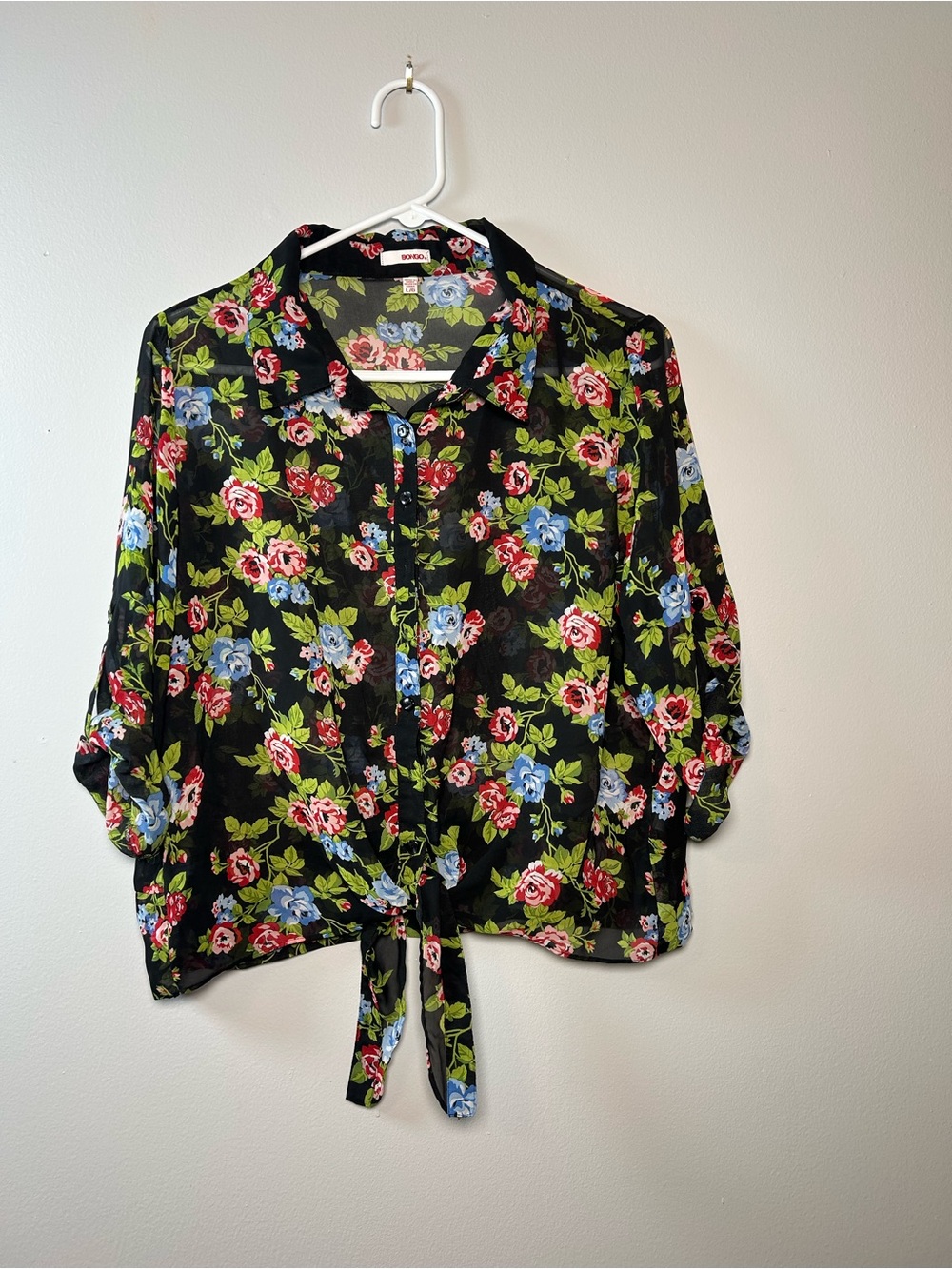 BONGO Y2K Black Floral Tie-Front Button-Down Blouse Sheer